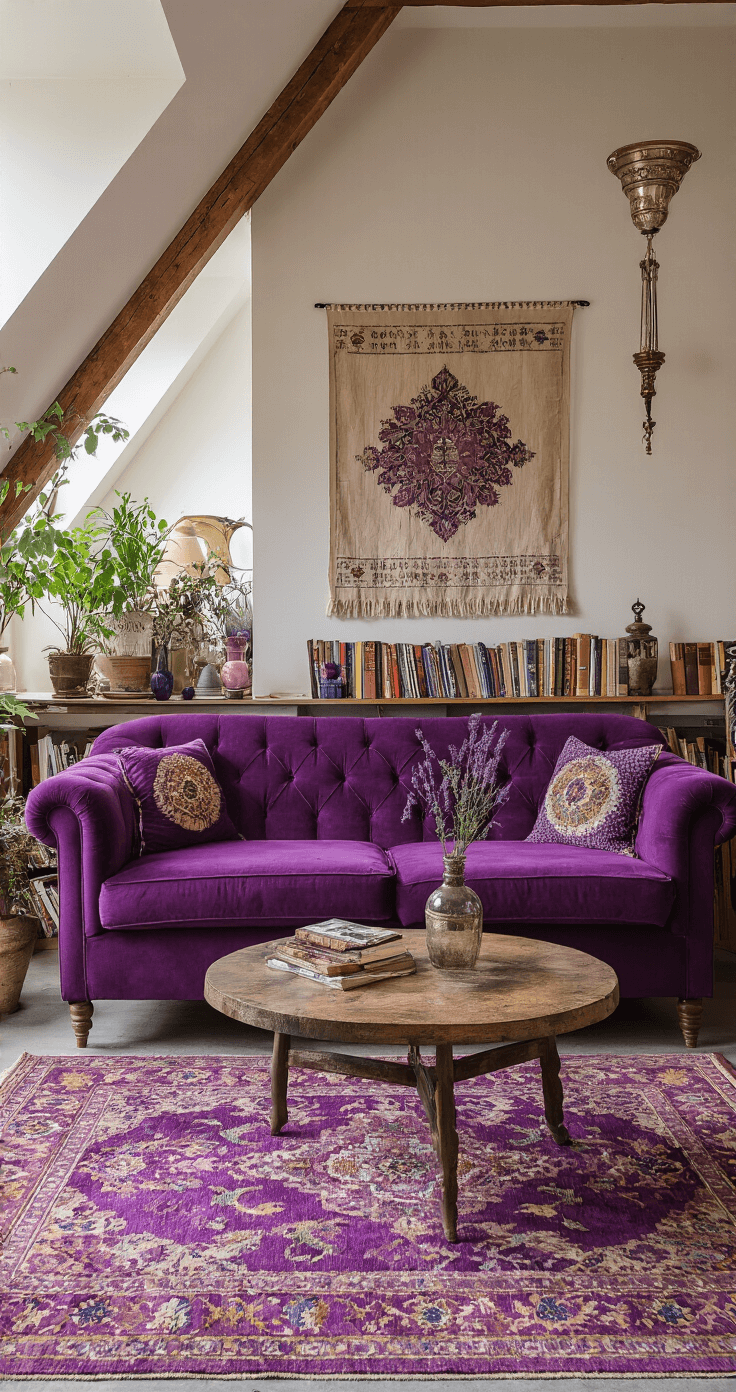 Kleurentrends 2025/2026: Ontdek de Meest Opvallende Tinten voor Mode en Interieur Eclectische lounge in loftstijl met paarse accenten, warm schemerlicht, gepolijste betonnen vloer en vintage tapijten, aubergine fluwelen chaise longue met lila kussens, antieke messing lamp, boekencollectie, amethist kristallen en verse lavendel in keramieken potten, bohemian wandtextiel en diverse paarse glastinten.