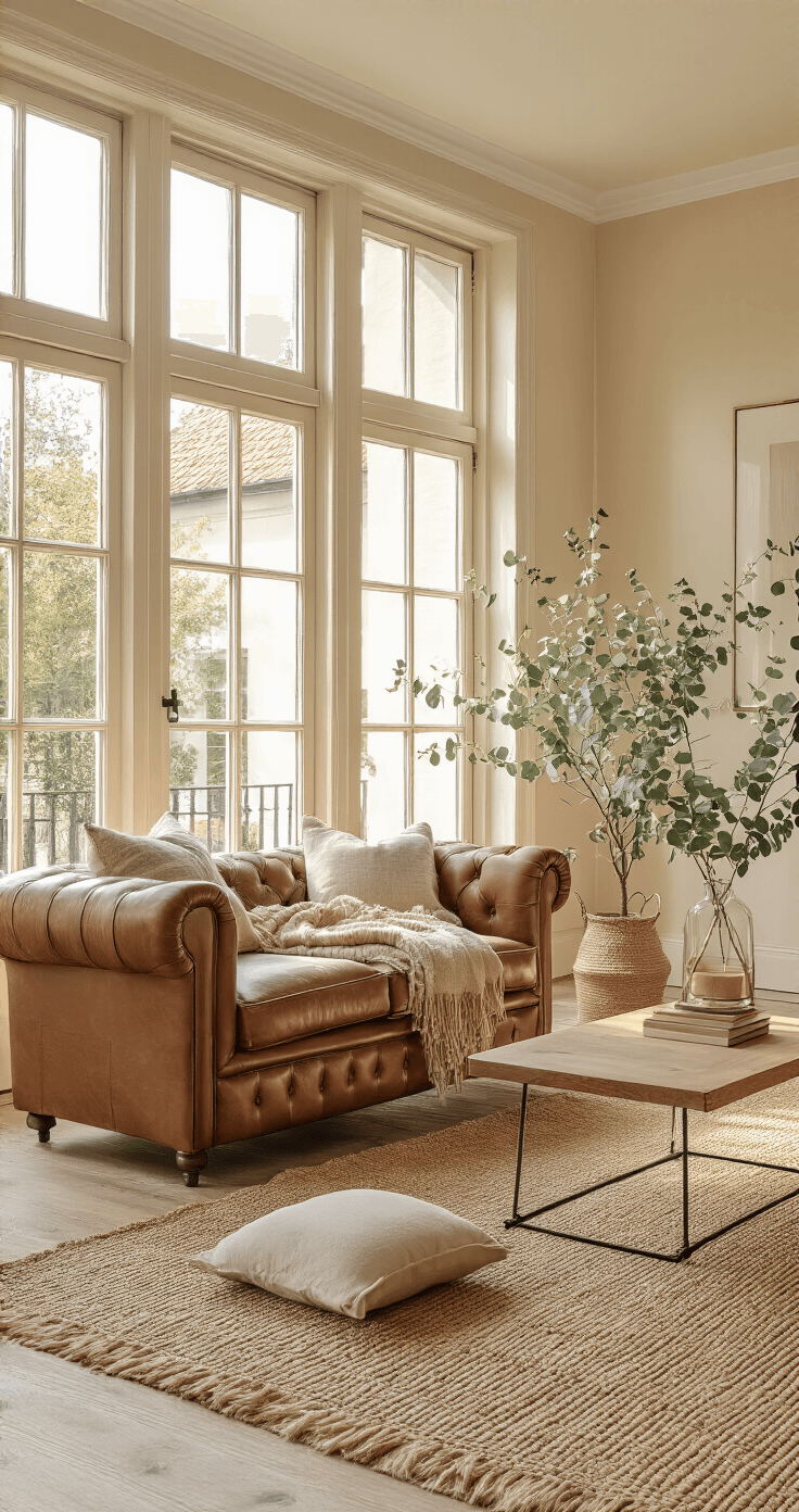 Een Tijdloze Mix: Oude en Nieuwe Meubels Combineren voor een Uniek Interieur Moderne Nederlandse woonkamer bij het gouden uur met warme zonnestralen, crème en beige tinten, vintage Chesterfield fauteuil, strakke witte bank, gepolijste eiken salontafel, taupe wollen plaid, jute vloerkleed en verse eucalyptus in een glazen vaas.