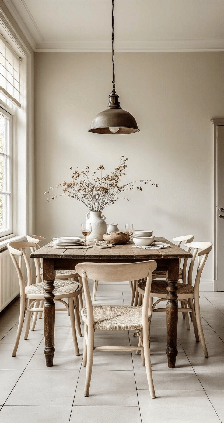 Een Tijdloze Mix: Oude en Nieuwe Meubels Combineren voor een Uniek Interieur Eetkamer met antieke houten tafel en moderne witte Scandinavische stoelen, verlicht door ochtendlicht door sheer gordijnen, met vintage servies, gedroogde bloemen en koperen accessoires op een lichtgrijze tegelvloer.