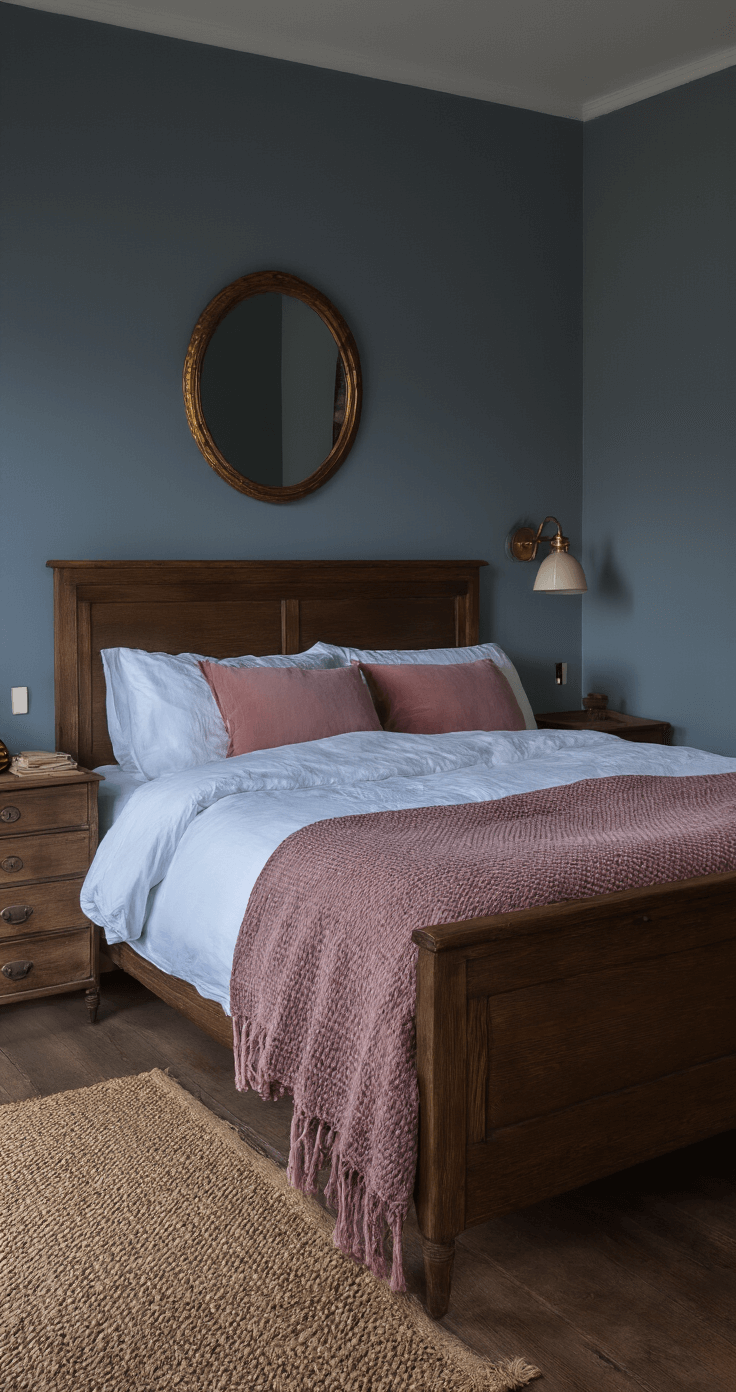 Een Tijdloze Mix: Oude en Nieuwe Meubels Combineren voor een Uniek Interieur Een Nederlandse slaapkamer tijdens het blauwe uur met een vintage houten bed en strak wit beddengoed, moderne nachtkastjes van licht eiken, fluwelen kussens in dusty rose, en een gebreide plaid. Een jute vloerkleed en een vintage spiegel aan de muur, gefotografeerd vanuit een deuropening met sfeervolle verlichting voor een gezellige sfeer.