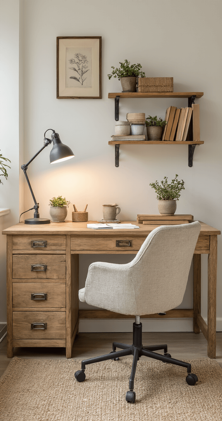 Een Tijdloze Mix: Oude en Nieuwe Meubels Combineren voor een Uniek Interieur Een stijlvolle home office hoek in Nederland met antiek houten bureau, ergonomische stoel en industriële lamp. Vintage boekenplank met moderne accessoires en kleine planten in keramische potten. Neutrale tinten van beige, wit en natuurlijk hout, gefotografeerd vanuit een lage hoek met gefocuste verlichting op het werkgebied.