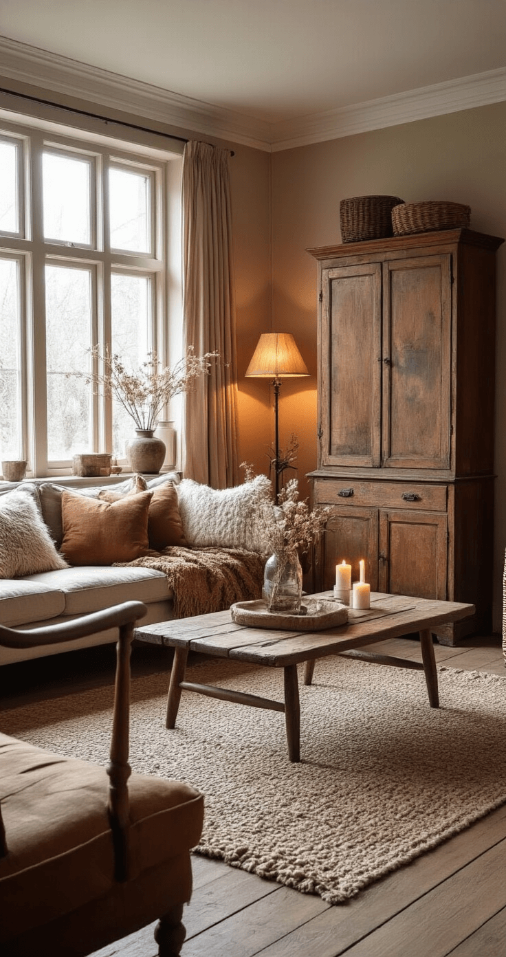 Een Tijdloze Mix: Oude en Nieuwe Meubels Combineren voor een Uniek Interieur Gezellige Nederlandse woonkamer in winterstijl met warme avondverlichting, vintage en moderne meubels, antieke kast, hedendaagse bank, retro fauteuil en rijke texturen van wol, fluweel en leer. Decoraties omvatten gebreide plaids, kaarsen en droogbloemen, vastgelegd vanuit een laag perspectief in een intieme hygge sfeer.