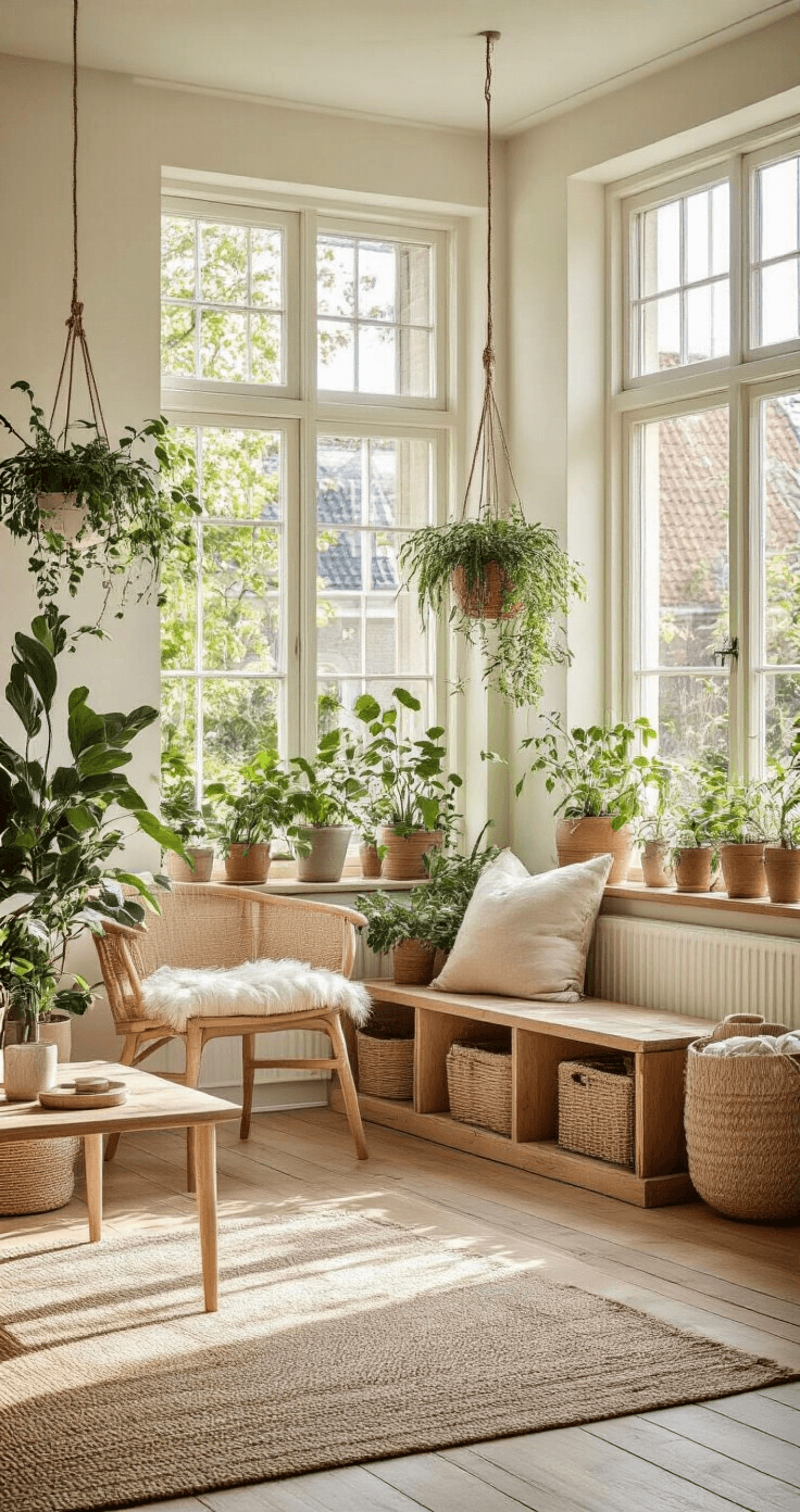 DIY Plantenbakken: Creëer Je Eigen Groene Paradijs met Eenvoudige Technieken Gezellige woonkamer met zelfgemaakte houten plantenbakken in verschillende hoogtes, gevuld met groene kruiden en hangplanten. Warm daglicht valt door grote ramen op Scandinavische meubels in zachte beige tinten, tegen een achtergrond van witte muren en een houten vloer. Beeld vanaf lage hoek in sfeervolle middag atmosfeer.