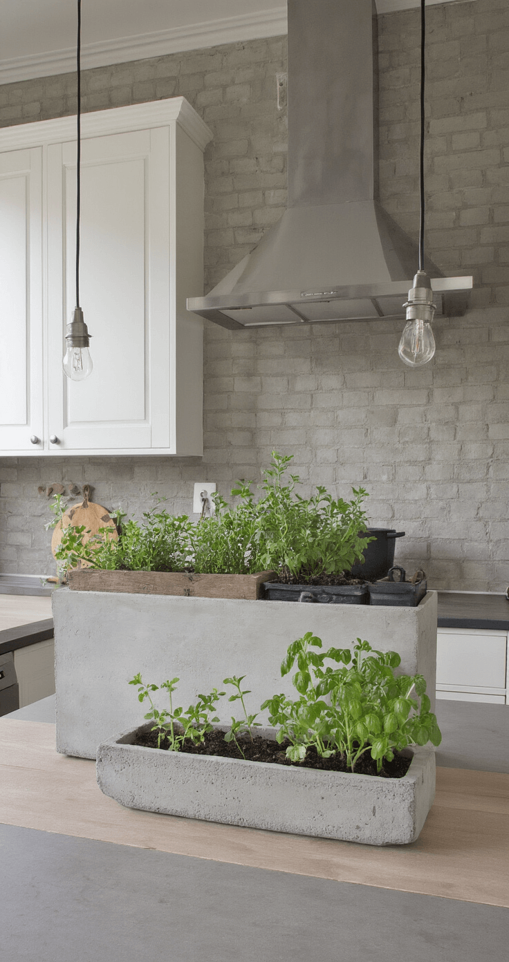 DIY Plantenbakken: Creëer Je Eigen Groene Paradijs met Eenvoudige Technieken Moderne Nederlandse keuken met industriële betonnen plantenbakken op het aanrecht, verlicht door koele ochtendlicht. Witte kasten, donkere werkbladen en roestvrijstalen accenten combineren met vetplanten in minimalistische styling.