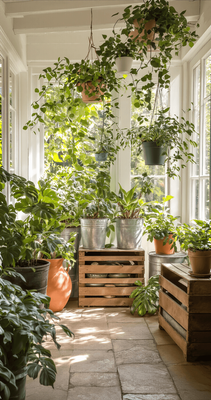 DIY Plantenbakken: Creëer Je Eigen Groene Paradijs met Eenvoudige Technieken Lichte serre met upcycled plantenbakken van oude emmers, houten kisten en metalen containers in de zachte namiddagzon, met witte kozijnen en natuursteen vloer, accentkleur groen en terracotta, vastgelegd vanuit een schuin camerastandpunt in warme gouden uurtje sfeer.