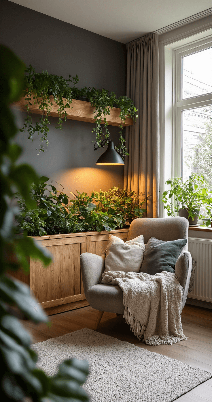DIY Plantenbakken: Creëer Je Eigen Groene Paradijs met Eenvoudige Technieken Stijlvolle woonkamer met houten plantenbakken, warme verlichting en comfortabele fauteuils, omgeven door groene planten en boeken.