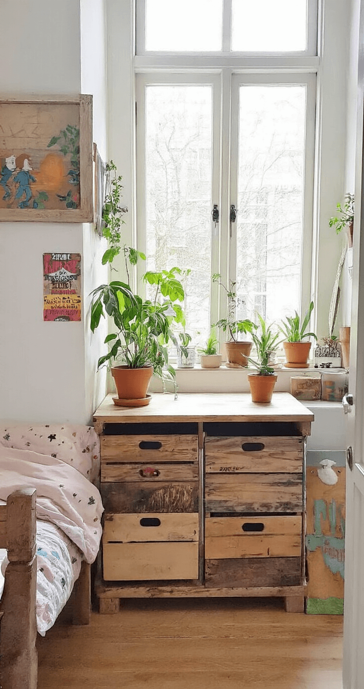 DIY Plantenbakken: Creëer Je Eigen Groene Paradijs met Eenvoudige Technieken Budget-vriendelijke studentenkamer met DIY plantenbakken van restmaterialen, beschilderde dozen en old potten, kleurrijke accenten, vintage meubels en vrolijke posters, gefotografeerd in helder daglicht vanuit een hoge camera positie.