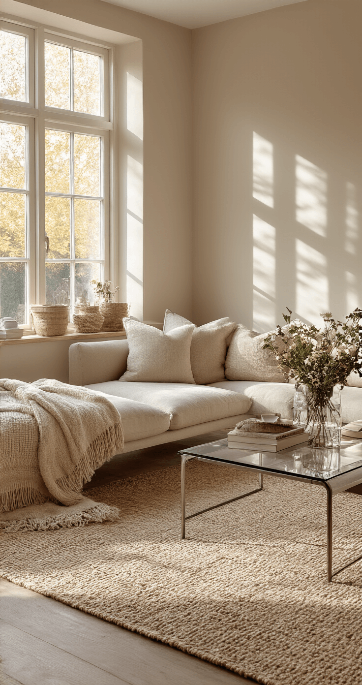 Slimme Opbergtips voor Kleine Kamers: Maximaliseer Elke Vierkante Meter Stijlvolle woonkamer met beige poefs met opbergruimte, moderne bank, glazen salontafel, verse bloemen en warme middaglichtinval, strakke kussens en wollen plaid.