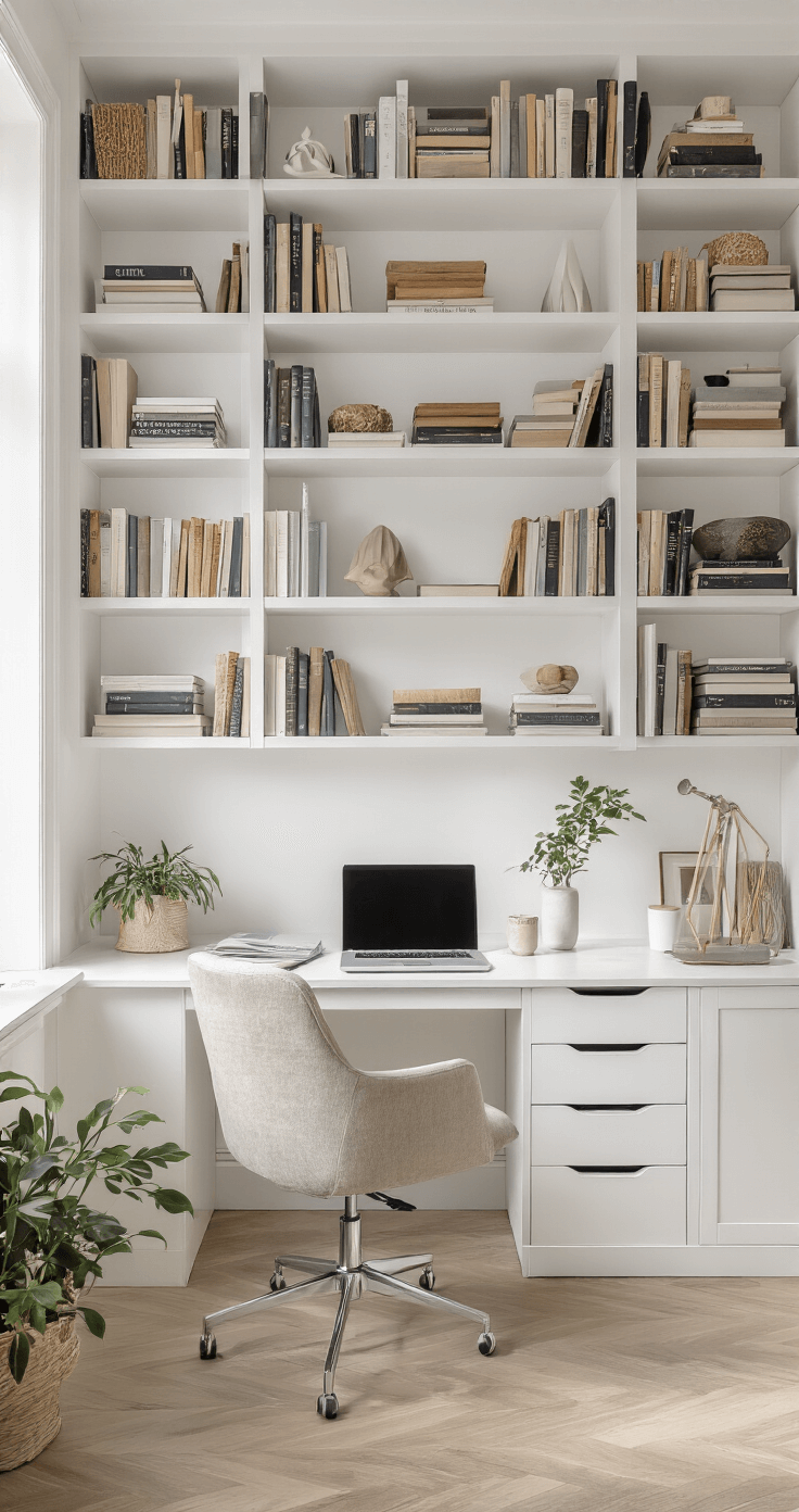 Slimme Opbergtips voor Kleine Kamers: Maximaliseer Elke Vierkante Meter Moderne studeerkamer met witte muren, elegante zwevende wandplanken vol boeken en decoratieve objecten, een wit bureau met ergonomische stoel en laptop setup, geheel in heldere ochtendverlichting.