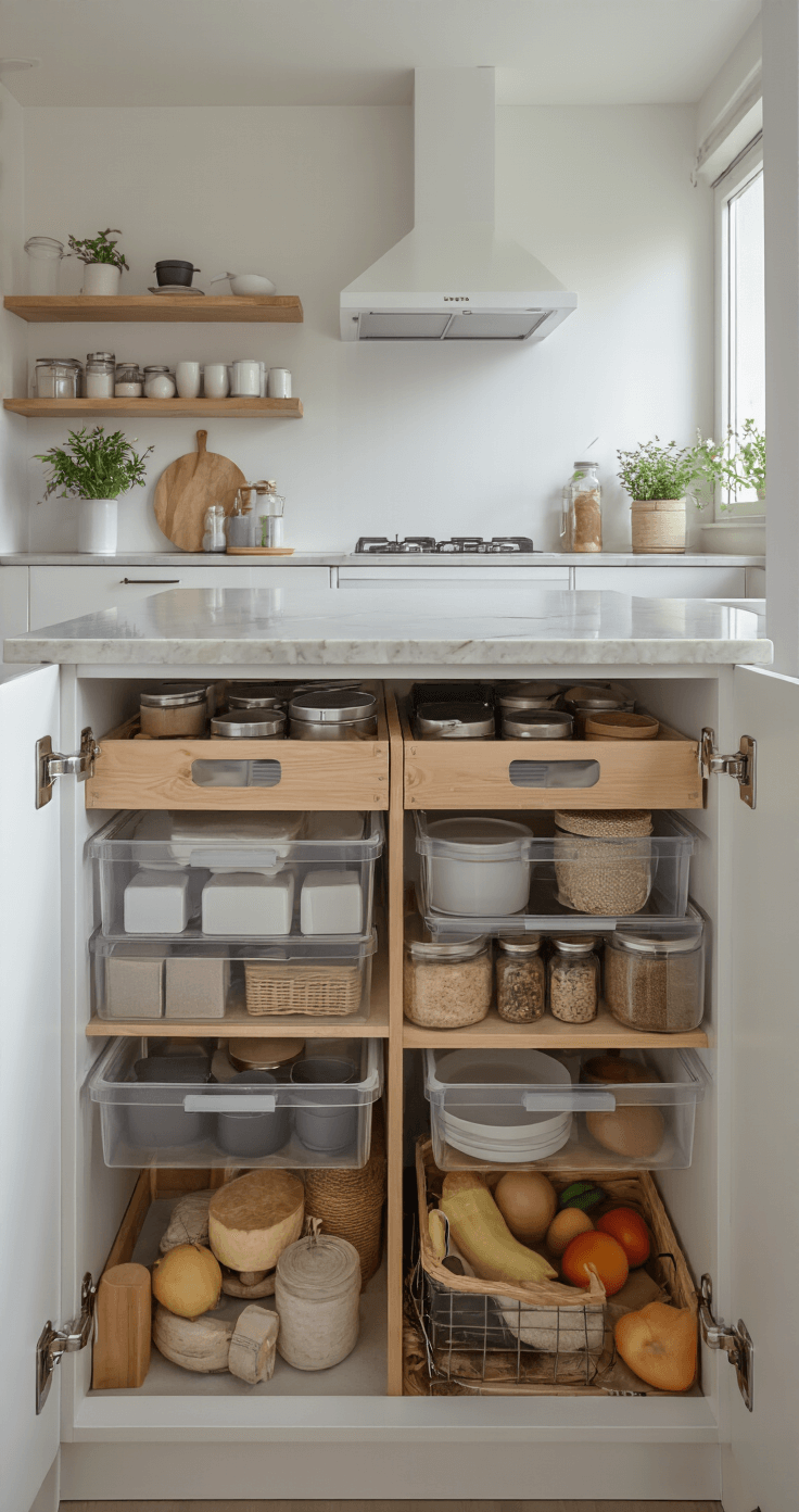 Slimme Opbergtips voor Kleine Kamers: Maximaliseer Elke Vierkante Meter Compacte keuken met witte kasten en marmeren werkblad, voorzien van doorzichtige opbergboxen met gelabelde inhoud op open planken. Helder daglicht en minimalistische styling creëren een georganiseerde sfeer met nette opslag van droge waren, kruiden en keukengerei.