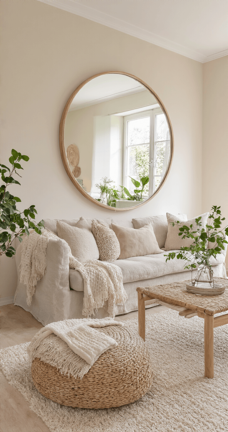 Slimme Opbergtips voor Kleine Kamers: Maximaliseer Elke Vierkante Meter Lichte woonkamer met grote ronde spiegel, lichtbeige bank, witte muren en eiken accenten, warme namiddagzon en groene planten, centrale cameraperspectief.