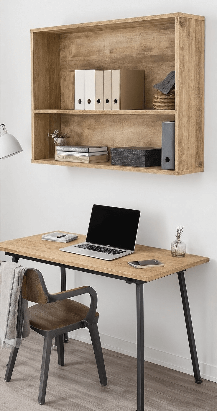 Slimme Opbergtips voor Kleine Kamers: Maximaliseer Elke Vierkante Meter Moderne thuiswerkplek met opvouwbare wandtafel, laptop en minimale werkmaterialen tegen een witte muur, verlicht door een helder bureaulicht. Ergonomische kruk en kleine vaas met bloemen zichtbaar.