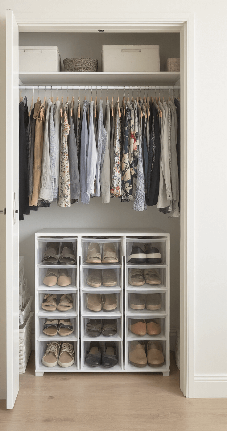 Slimme Opbergtips voor Kleine Kamers: Maximaliseer Elke Vierkante Meter Overzichtelijke inloopkast met hangende schoenenorganizer aan de deur, gevuld met tientallen paren schoenen in doorzichtige vakken, witte kastdeuren, gestructureerde opbergvakken en georganiseerde kledinghangers, belicht met heldere LED-verlichting, in neutrale kleuren en praktische indeling.