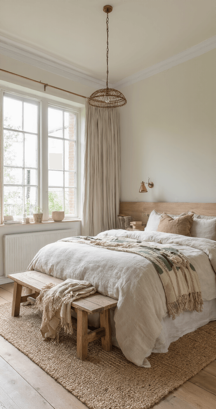 Ruime slaapkamer met hoge witte plafonds, grote ramen en zachte ochtendlicht, kingsize bed met linnen beddengoed, houten nachtkastjes en dimbare lampjes, aardse kussens, eiken parket en jute vloerkleed, gedroogde pampas in vaas, warme texturen van wol, linnen en hout.