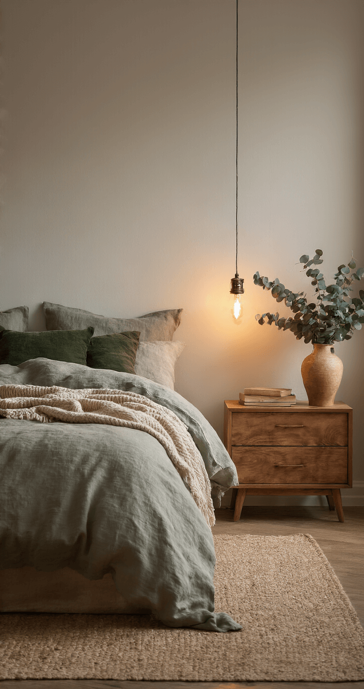 Intieme slaapkamerhoek met zacht avondlicht, verlichte LED-slingers, tweepersoonsbed met gelaagde texturen in forest green en beige, houten nachtkastje met boeken en een leeslampje, gedroogde eucalyptus in een vaas, vintage fotolijstjes, matte zwarte accentwand en warme schaduwen.