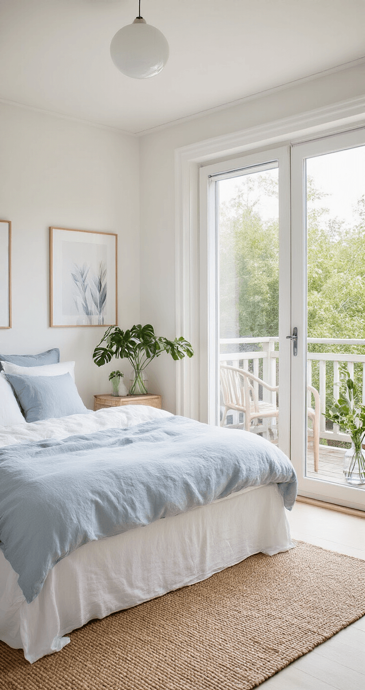 Luchtige slaapkamer in zomerstijl met openslaande deuren naar een balkon, wit linnen beddengoed, lichtblauwe en lavendel kussens, lichte eiken meubels, groene planten, een witte houten vloer en pastel kunstwerken.