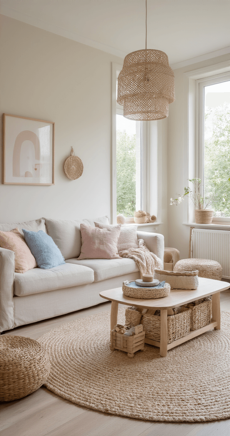 Creëer een Kindvriendelijk Interieur: Veilig, Stylish & Praktisch Lichte woonkamer van 4x5 meter met grote ramen, crèmewitte muren, een beige bankstel met afgeronde hoeken, een pluche vloerkleed, pastelblauwe en roze kussens, houten salontafel zonder scherpe randen, en speelgoedmanden van gevlochten riet. Gezellige, veilige sfeer met zachte lampverlichting en minimalistische wanddecoratie op kindveilige hoogte.