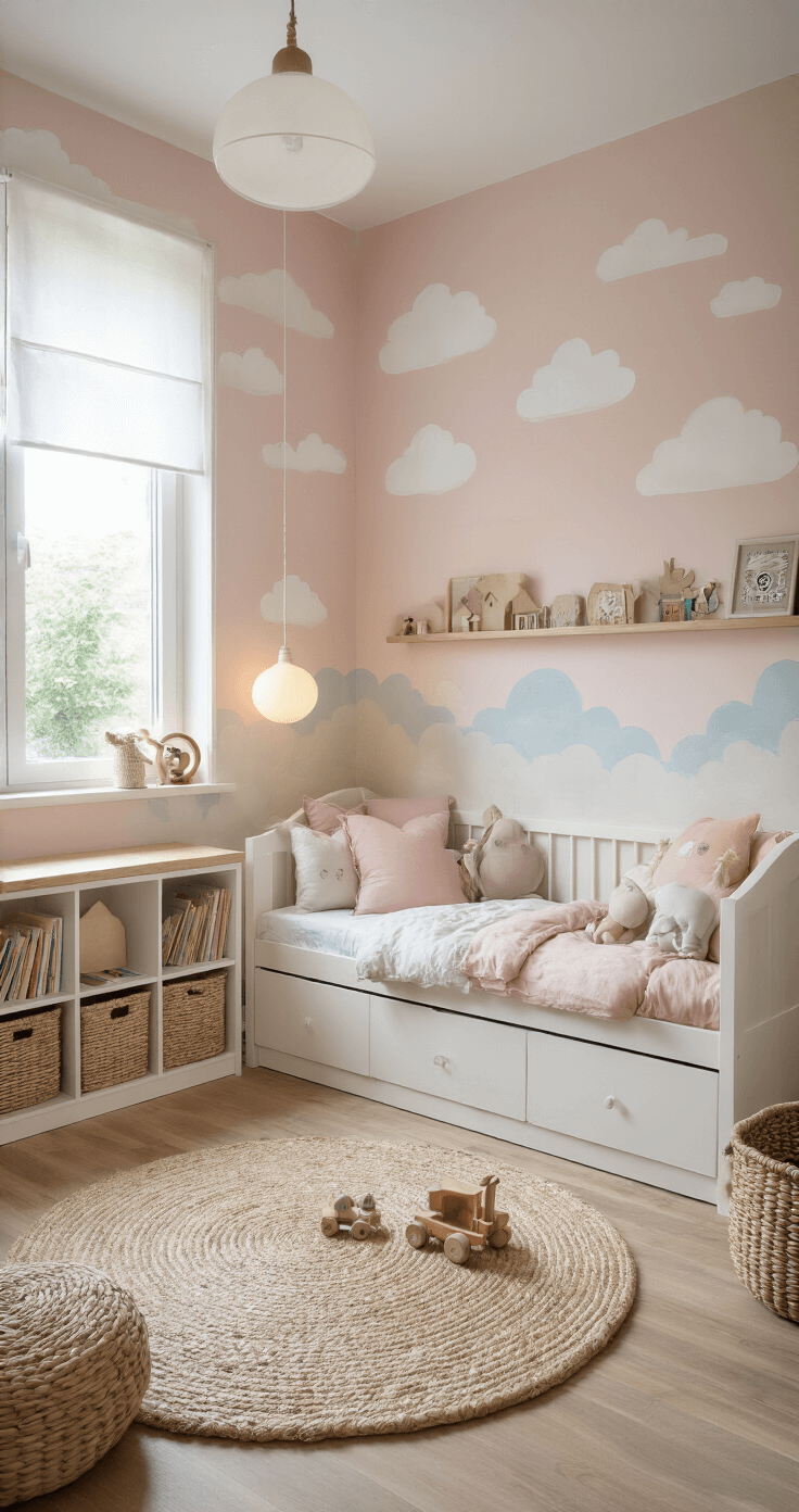 Creëer een Kindvriendelijk Interieur: Veilig, Stylish & Praktisch Een kinderkamer van 3x4 meter tijdens het gouden uur, met witte meubels en zachtroze muren met handgeschilderde wolken. Een opbergbank met pastelkleurige kussens, houten vloer en dik speelkleed. Een boekenplank op kindhoogte en een zachte hanglamp zorgen voor een dromerige sfeer. Speelgoed is georganiseerd in rieten manden, terwijl natuurlijk licht door de gordijnen filtert.