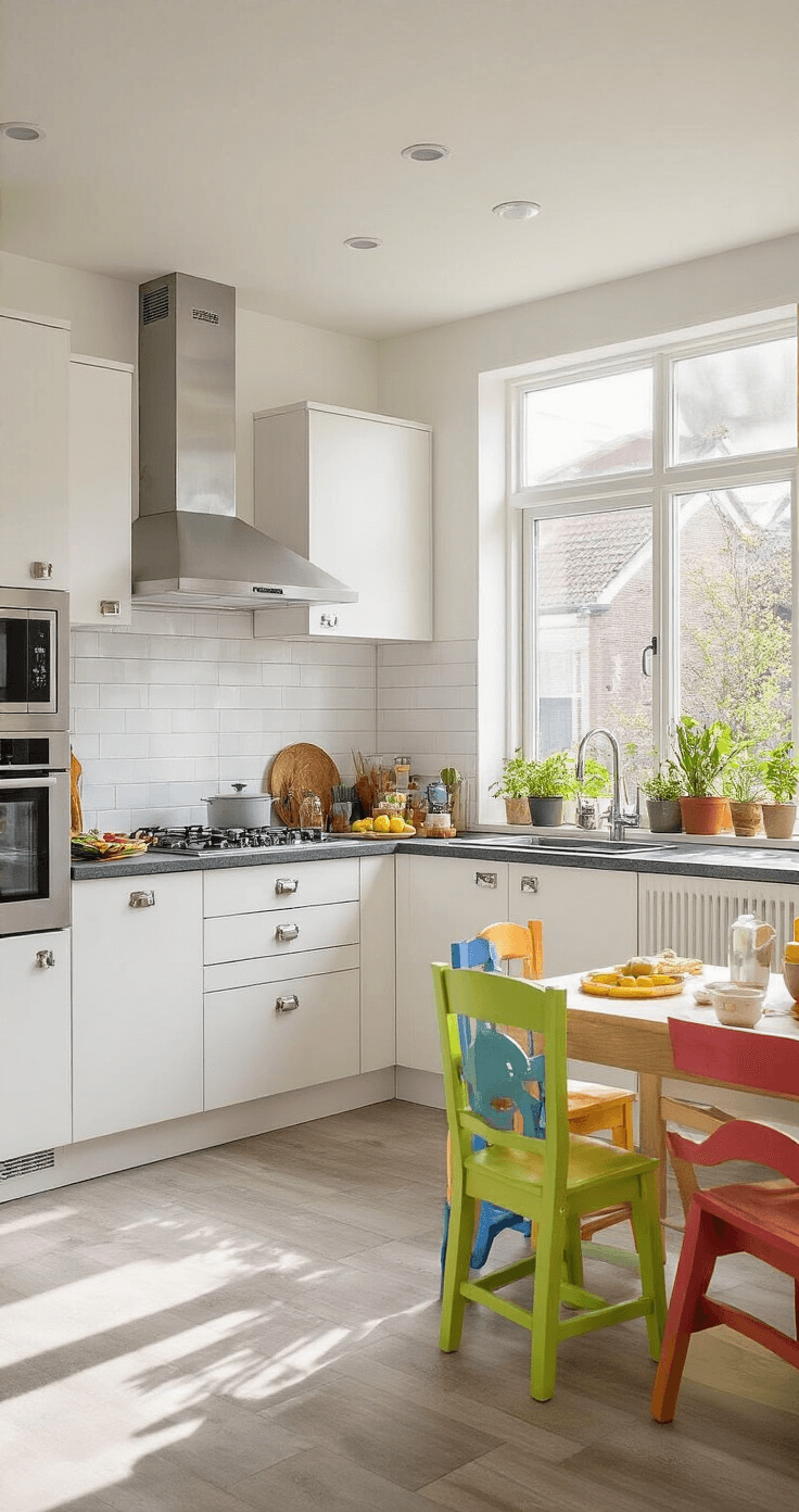 Creëer een Kindvriendelijk Interieur: Veilig, Stylish & Praktisch Moderne keuken van 5x3 meter met kookeiland, grote ramen die ochtendlicht binnenlaten, witte kasten met magnetische sloten, granieten werkblad met afgeronde randen, kleurrijke kinderstoelen bij de eetbar, veiligheidsbeveiliging op laden, opbergboxen op wielen onder het eiland en een kruidentuintje op de vensterbank.