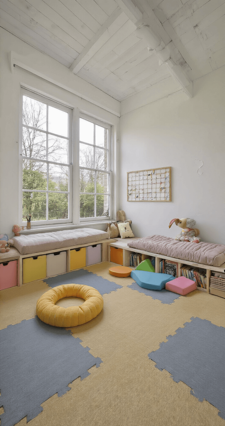 Creëer een Kindvriendelijk Interieur: Veilig, Stylish & Praktisch Speelkamer van 4x4 meter met grote dakramen en natuurlijk licht, zachte rubberen vloerbedekking, lage opbergkasten, kleurrijke stapelkratten, pastel zitzakken, magnetische tekenwand en boekenhoek met kussens, alles op kindhoogte en zonder scherpe hoeken, creëert een vrolijke en veilige speelomgeving.