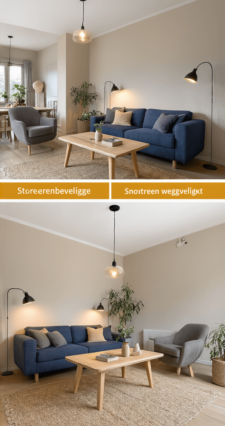 Creëer een Kindvriendelijk Interieur: Veilig, Stylish & Praktisch Woonkamer met warme tafellampen en spotjes, donkerblauwe bank met dikke kussens, crèmewitte muren, zachte houten salontafel met opbergruimte, gelaagde vloerkleden en kindveilige stopcontactbeveiliging, in een neutraal kleurenpalet met gele accenten, vastgelegd vanuit lage hoek voor een gezellige eveningsfeer.