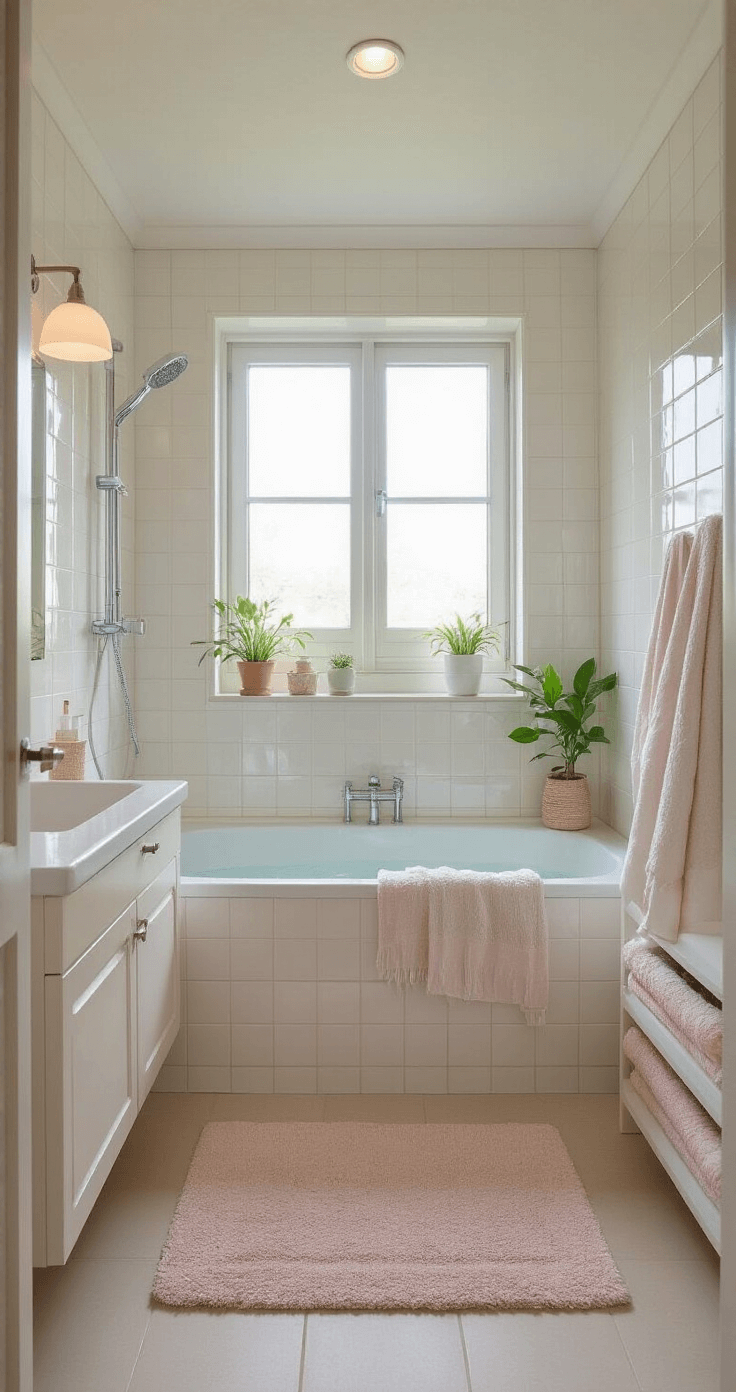 Creëer een Kindvriendelijk Interieur: Veilig, Stylish & Praktisch Moderne kindveilige badkamer van 3x2 meter met matglazen raam, witte antislip tegels en pastelgekleurde handdoeken. Zachte badmat, lage wastafel met veilige kranen en opbergmanden voor badspeelgoed, afgeronde spiegelhoeken en heldere verlichting, allemaal gericht op hygiëne en functionaliteit.