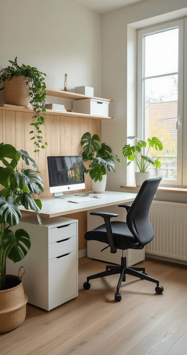 Moderne thuiswerkplek met ergonomische zwarte bureaustoel en wit zit-sta bureau, laptop en monitor op de tafel. Houten planken aan de muur met opbergboxen, een groene Monstera plant in witte pot en warme houtaccenten. Ochtendlicht valt door een groot raam, in een minimalistisch Scandinavisch design met neutrale kleuren. Gezicht vanaf de deuropening met natuurlijk daglicht van links.