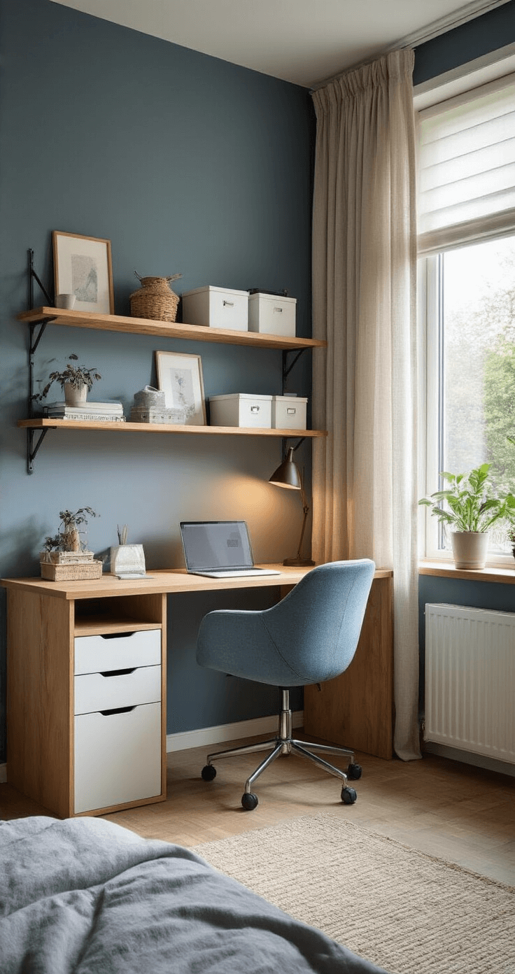 Compacte werkhoek in slaapkamer met gefilterd middagzonlicht, een kleine houten tafel tegen de muur, moderne bureaustoel en wandgemonteerde planken vol georganiseerde witte dozen. Zachte blauwe accenten en een kamerplant op de vensterbank creëren een gezellige, intieme sfeer met warme texturen en materialen.