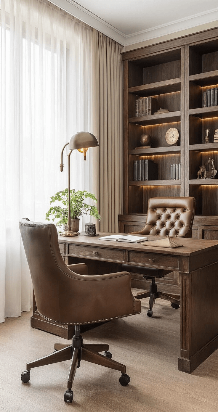 Luxe thuiskantoor met donker houten bureau en leren directiestoel, warm verlicht door dimbare lampen, nuance in rijke bruin- en donkergroentinten, afgewerkt met decoratieve boekenkasten en groene planten.