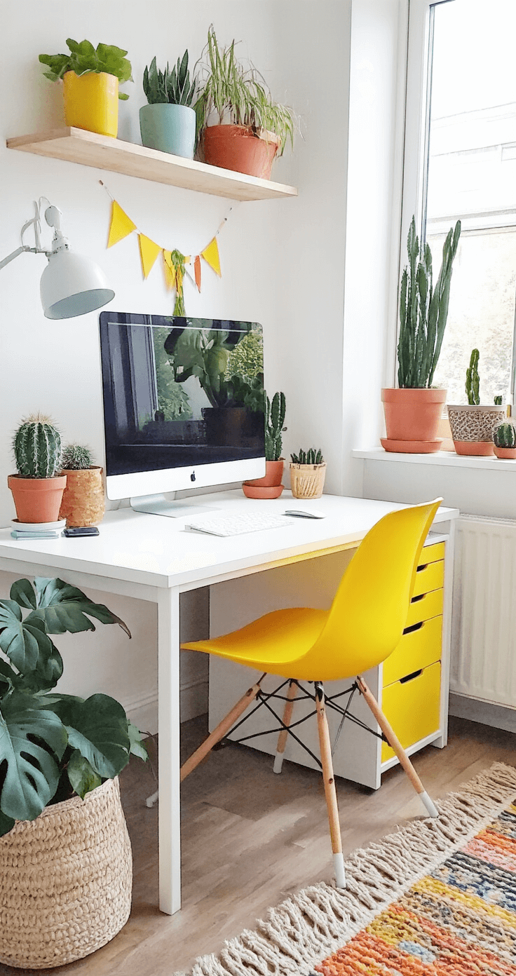 Budgetvriendelijke werkplek met tweedehands meubels, witte IKEA tafel, eenvoudige draaibare stoel, DIY wanddecoratie, cactussen en vetplanten, kleurrijke opbergdozen, gele en oranje accenten tegen witte muren, praktisch ingedeeld, in helder daglicht met een energieke sfeer.