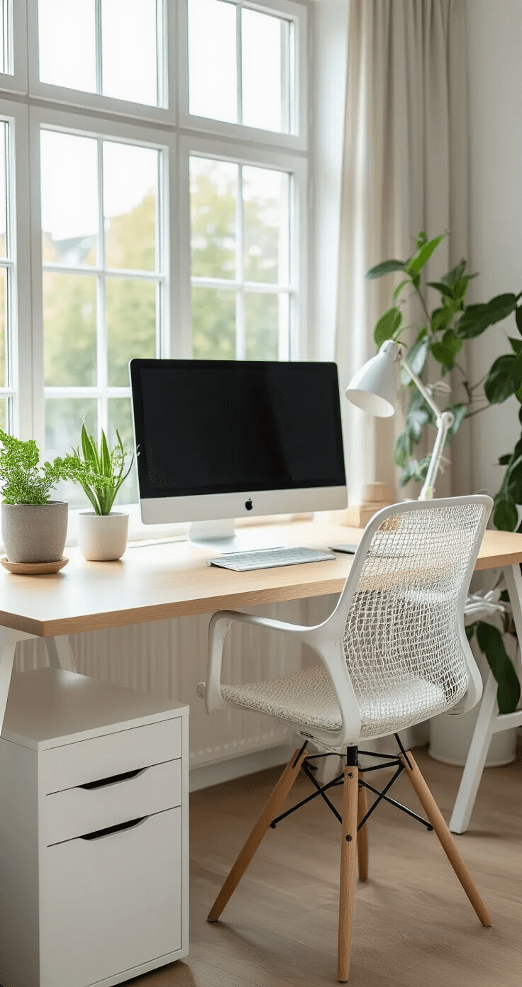 Scandinavische werkplek met licht eiken bureau en witte ergonomische stoel, bij een groot raam met veel natuurlijk licht. Minimale decoratie met enkele groene planten en witte opbergsystemen, zachte grijze textielaccenten, en een serene, georganiseerde uitstraling met natuurlijke materialen.