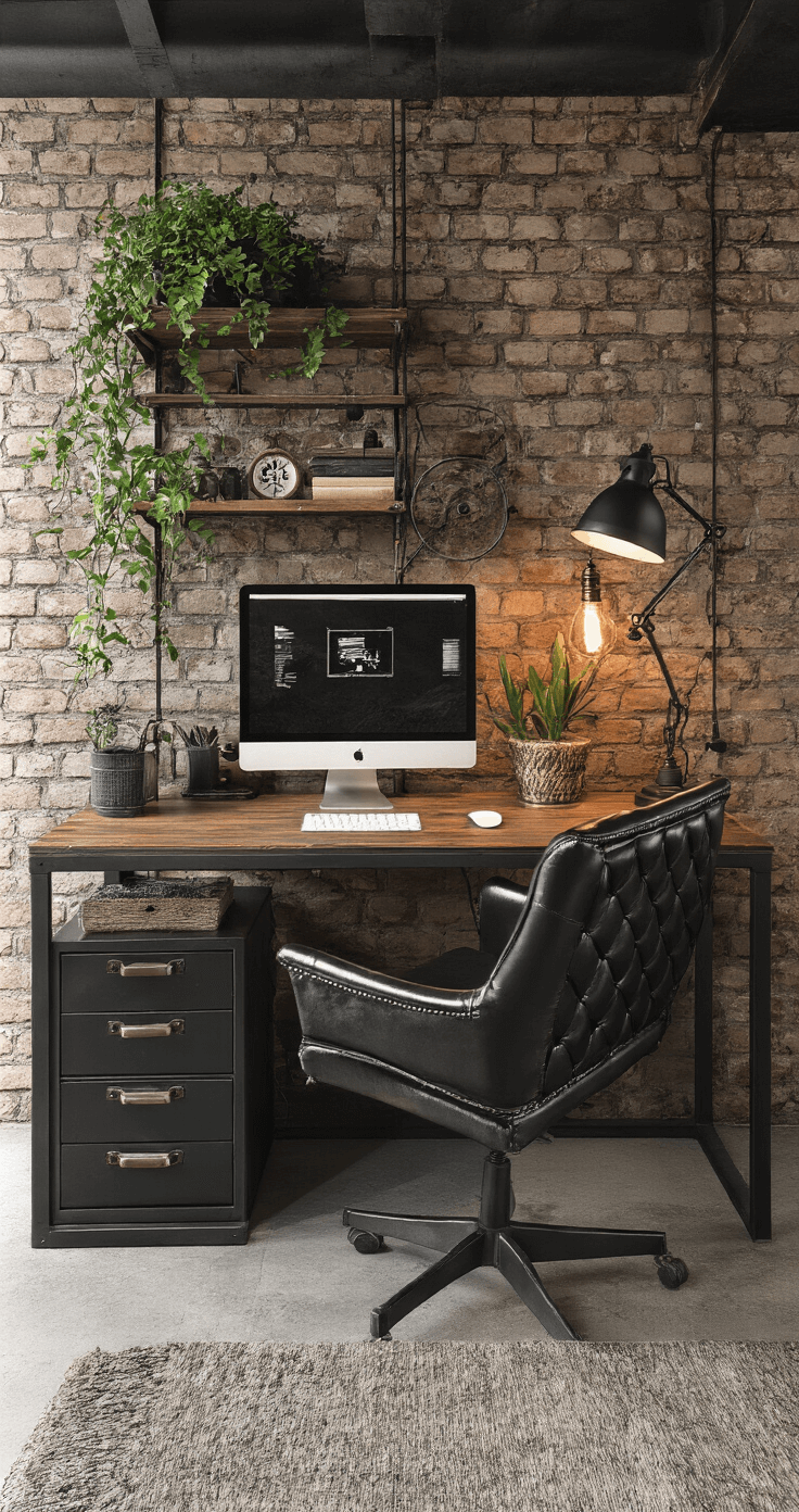 Industriële thuiswerkplek met metalen bureau en zwart leren stoel, tegen een bakstenen muur. Inclusief ijzeren wandplanken, een vintage bureaulamp en groene hangplanten. Lage camerahoek en dramatische verlichting creëren een stoere mannelijke sfeer met sterke schaduwen en een contrast tussen ruw industrieel en natuurlijk groen.