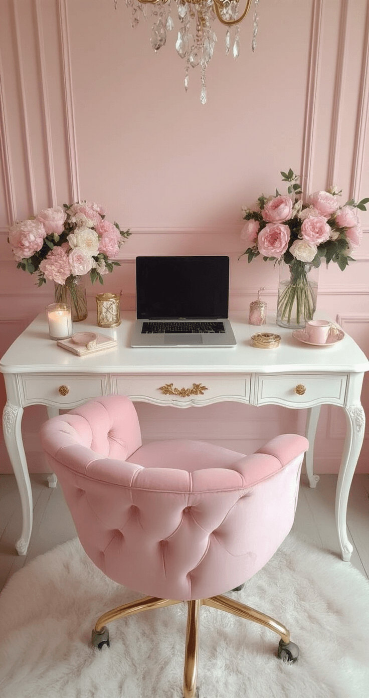 Vrouwelijke werkplek in pastelkleuren met een wit bureau met gouden details, een roze fluwelen bureaustoel, marmeren accessoires, bloemen in een glazen vaas en geurkaarsen. Het geheel heeft een romantische sfeer met zachte texturen en een lichtroze en crèmewitte palette, vastgelegd vanuit een bovenaanzicht met elegante decoratieve styling en diffuse verlichting.