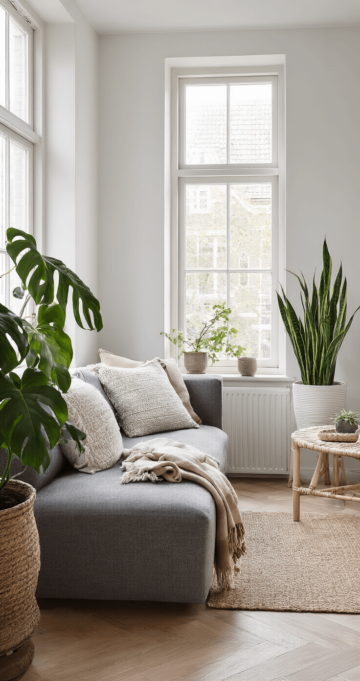 Moderne Nederlandse woonkamer met witte muren en eiken parketvloer, verlicht door ochtendlicht. Donkergrijze bank met crèmekleurige kussens, Monstera en Sanseveria planten aan weerszijden, en Scandinavische salontafel met Pothos plant. Warme texturen van een wollen plaid en jute tapijt.