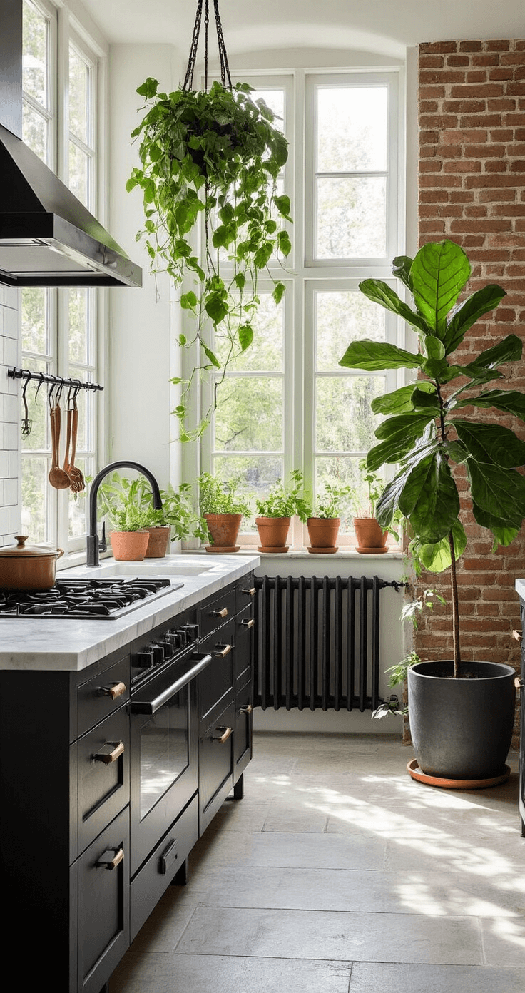 Industriële keuken met zwarte stalen frames, wit marmer werkblad en hoge krukken bij het kookeiland, verlicht door middaglicht vanuit een dakraam; een grote Ficus Lyrata staat in een antraciet betonnen pot naast het raam, terwijl een plantenrek met kruiden in terracotta potjes tegen de bakstenen achterwand zichtbaar is, aangevuld met koperen accenten en een hangende Pothos boven de spoelbak.