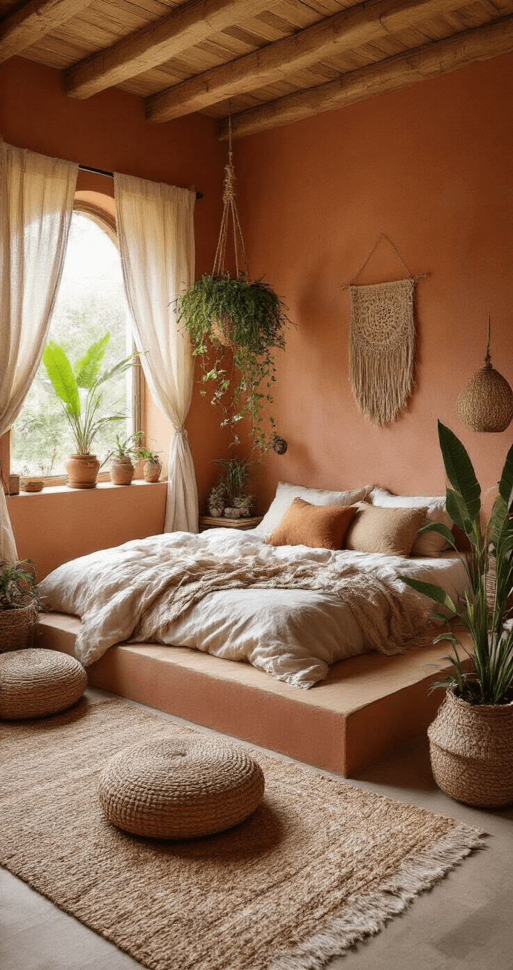 Boho slaapkamer van 3x4 meter met terracotta muren, bamboe vloer en gouden ochtendlicht. Laag platform bed met macramé hoofdeinde, Strelitzia in rieten mand, hangplanten Pothos aan het plafond, en vetplanten op nachtkastje. Perzische tapijten en kussens in aardtinten met zachte diffuse belichting.