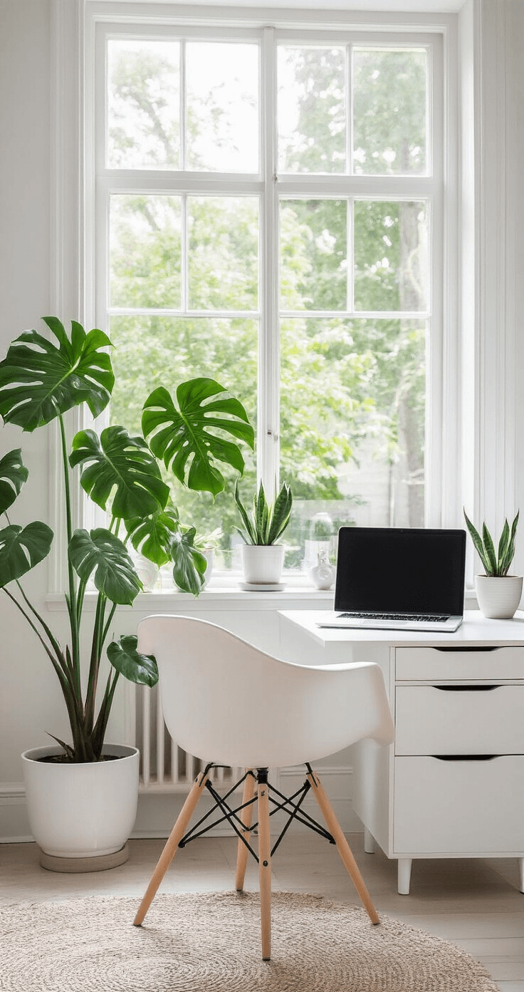 Scandinavische werkkamer met witte houten lambrisering, lichtgrijze vloer en helder middaglicht. Witte bureau en ergonomische stoel, grote Monstera Deliciosa in linkerhoek en kleine Sanseveria op bureau. Houten planken met boeken en vetplanten in minimalistische potjes.