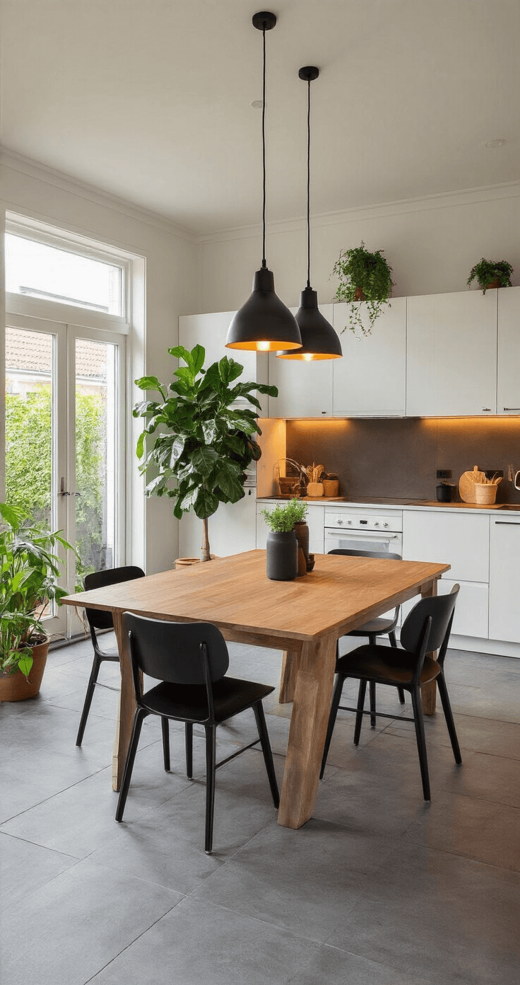 Moderne keuken-eetkamer met betonnen vloer, witte kasten, houten eettafel en zwarte stoelen, verlicht door warme hanglampen. Ficus Benjamina bij de patio-deur en kruiden in terracotta potjes op het keukeneiland. Hangende Pothos en een ruimtelijke flow tussen woonkamer en keuken.