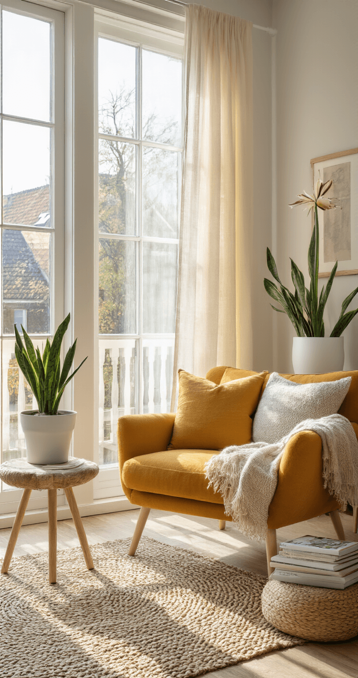 Gezellige leeshoek met een comfortabele gele fluwelen stoel, een bijzettafel en een grote Strelitzia in een rieten mand, verlicht door zachte ochtendzon door sheer gordijnen.