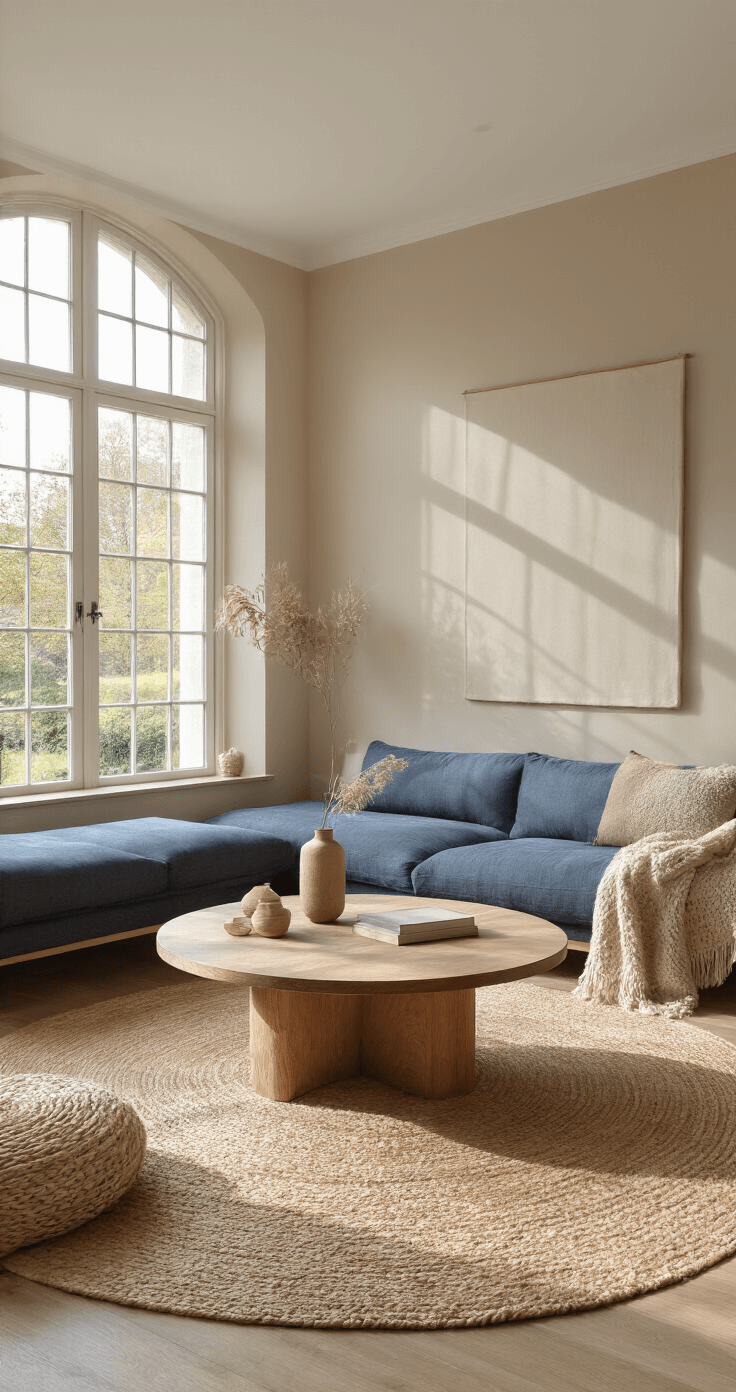 Vloerkleden en Textiel: De Kunst van Perfect Combineren Ruime moderne woonkamer met hoge plafonds en grote ramen, voorzien van zacht middaglicht. Een crèmekleurig wollen kleed ligt op een eikenhouten vloer, met daarbovenop een rond jute accent. De donkerblauwe fluwelen bank en eiken salontafel met messing details creëren een warme sfeer tegen de gestructureerde beige muren.