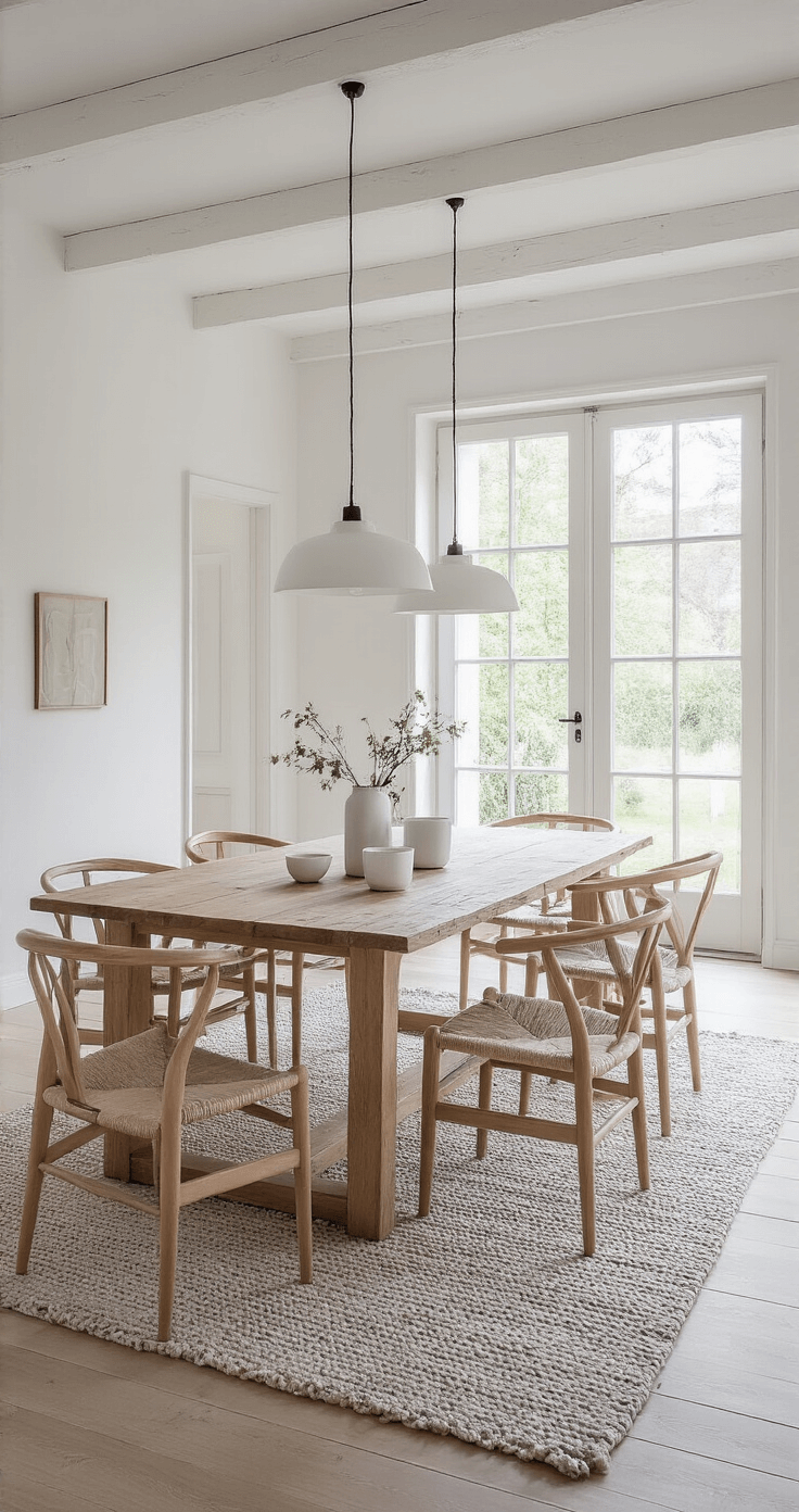 Vloerkleden en Textiel: De Kunst van Perfect Combineren Scandinavische eetkamer met wit geschilderde balken en grote glazen deuren, voorzien van een eiken eettafel voor zes personen, natuurkleurige linnen stoelen, en een rechthoekig grijs wollen kleed, met gebroken witte muren en een lichte eiken vloer, in zachte diffuse belichting.