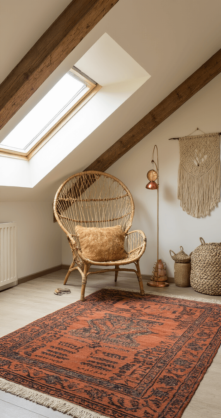 Vloerkleden en Textiel: De Kunst van Perfect Combineren Bohemian leeshoek in een zolderkamer met schuine dakbalken, verlicht door warm gouden licht. Gelaagde vloerkleden met een groot Perzisch tapijt in terracotta/indigo en een kleine crème Marokkaanse berber. Rotan fauteuil, macramé wandhanger en koperen lamp zorgen voor een sfeervolle ambiance met warme aardse kleuren en verschillende texturen. Dramatische licht-donker contrasten.