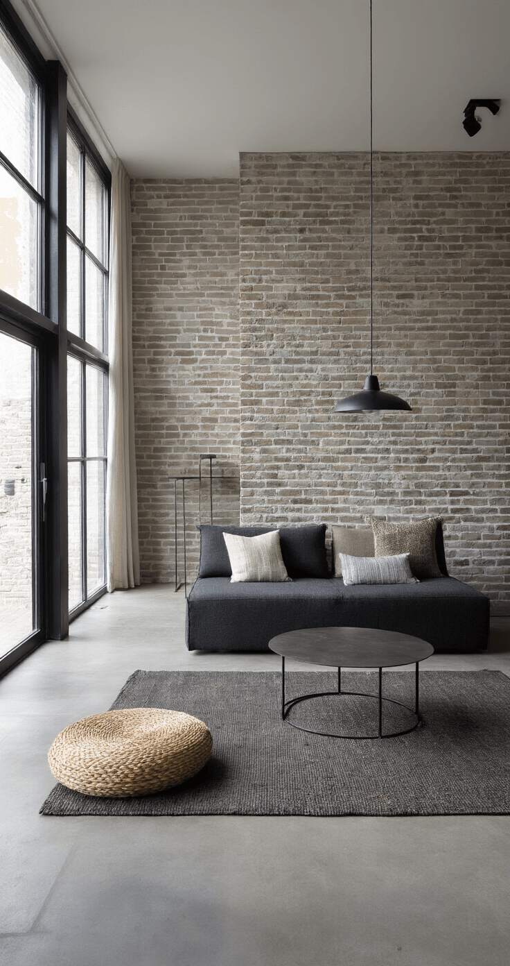 Vloerkleden en Textiel: De Kunst van Perfect Combineren Modern industrieel appartement met bakstenen muur en grote stalen kozijnen, verlicht door de heldere ochtendzon. Een donkergrijs wollen kleed met geometrisch patroon ligt op een betonvloer, met een kleine ronde jute mat er bovenop. De ruimte is ingericht met een zwart lederen bank en een stalen salontafel, in neutrale kleuren van grijs, zwart en wit, met natuurlijke accenten. Scherpe schaduwen en contrastrijke belichting benadrukken de texturen.