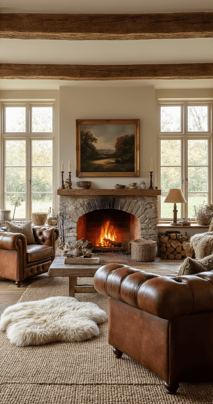 Vloerkleden en Textiel: De Kunst van Perfect Combineren Gezellige landelijke zitkamer met eiken balken, natuurstenen open haard en warme verlichting. Chesterfield bank in cognac leer met vintage bijzettafeltjes, omringd door aardse kleuren en rijke texturen. Handgeweven mosgroen kleed en sheepskin op antieke houten vloer, creëren een warme, intieme sfeer met gouden gloed.