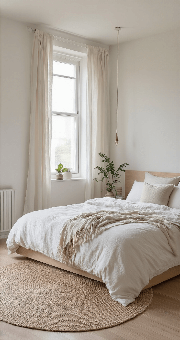 Vloerkleden en Textiel: De Kunst van Perfect Combineren Minimalistische slaapkamer met betonnen vloer, witte muren en een groot raam met sheer gordijnen. Een platform bed in eiken met wit linnen beddengoed staat op een groot neutraal beige kleed, met een klein off-white accent naast het bed. Een enkele groene plant voegt een vleugje kleur toe aan het monochrome interieur. De foto is genomen met een 50mm lens vanuit een verhoogd standpunt met zachte, gelijkmatige belichting.