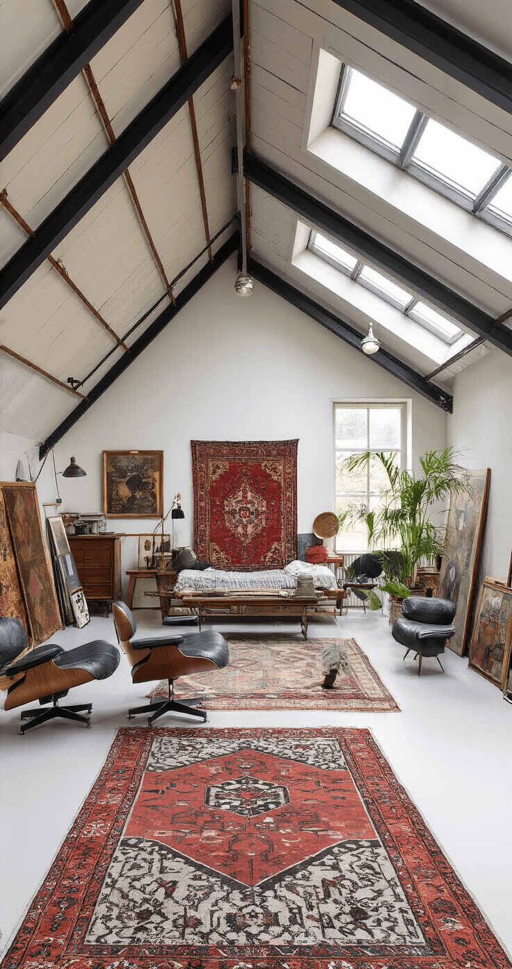 Vloerkleden en Textiel: De Kunst van Perfect Combineren Eclectische kunstenaarsstudio met hoge plafonds, verlicht door noordlicht, featuring een mix van vintage Perzisch kleed en moderne geometrische runner, diverse meubels zoals een vintage Eames stoel en industriële werktafel, kleurrijke schilderijen en een georganiseerde creatieve chaos.