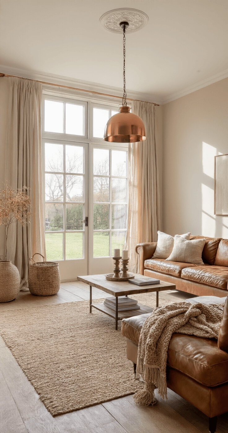 Een grote woonkamer met hoge plafonds, warm beige muren en een bruine lederen bank. Ochtendlicht valt door dubbele ramen, waardoor zachte schaduwen de texturen van linnen gordijnen en gevlochten manden accentueren. Massief eiken salontafel en perzische tapijt in aardtinten voegen warmte toe aan de ruimte, verlicht met koperen hanglampen.