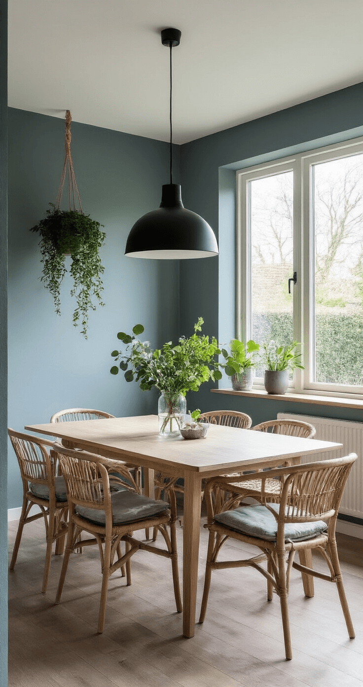 Moderne eetkamer met intense lichtinval, blauwgrijze muren, witte eiken eettafel voor acht personen, rotan stoelen met lichtgrijze kussens, en hangende planten met eucalyptus; de matte zwarte lamp hangt boven de tafel terwijl de zon op glazen vazen met bloemen kaatst.