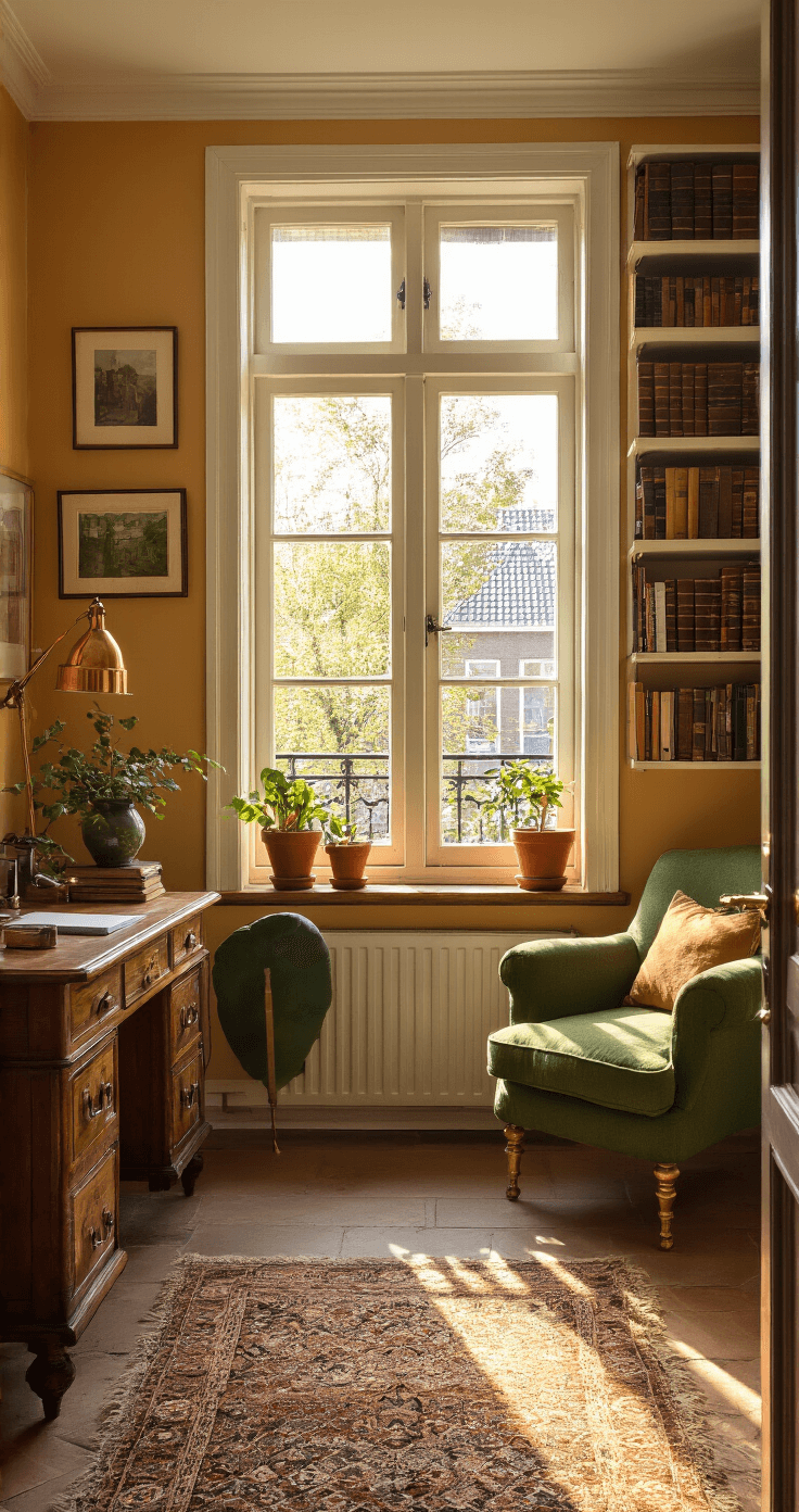 Compacte studeerkamer met warme okergele muren, vintage bureau en groene fauteuil, verlicht door vroege ochtendzon die door openslaande deuren schijnt, met boekenplanken, terracotta bloempotten en speelse schaduwen van balkonhekwerk.