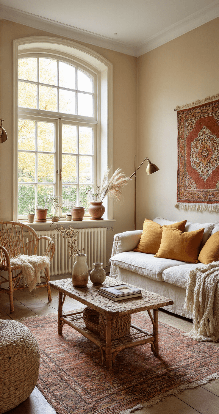 Gezellige woonkamer in warme tinten met terracotta muren, crème linnen bank en mosterdgele kussens, rotan salontafel, vintage perzisch kleed, messing lampen en keramische vazen met pampas, verlicht door de late middagzon.